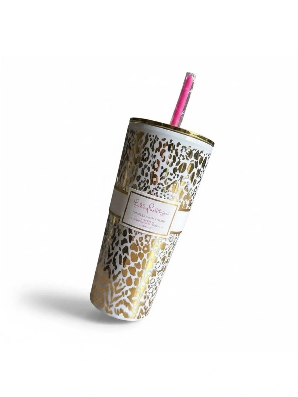 Lilly Pulitzer Gold Leopard 24 oz Tumbler with Pink Straw